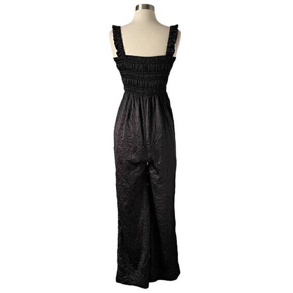 Ganni Crinkle Satin Jumpsuit Size 2 Black Smocked Ruffle Wide Leg - Picture 4 of 8